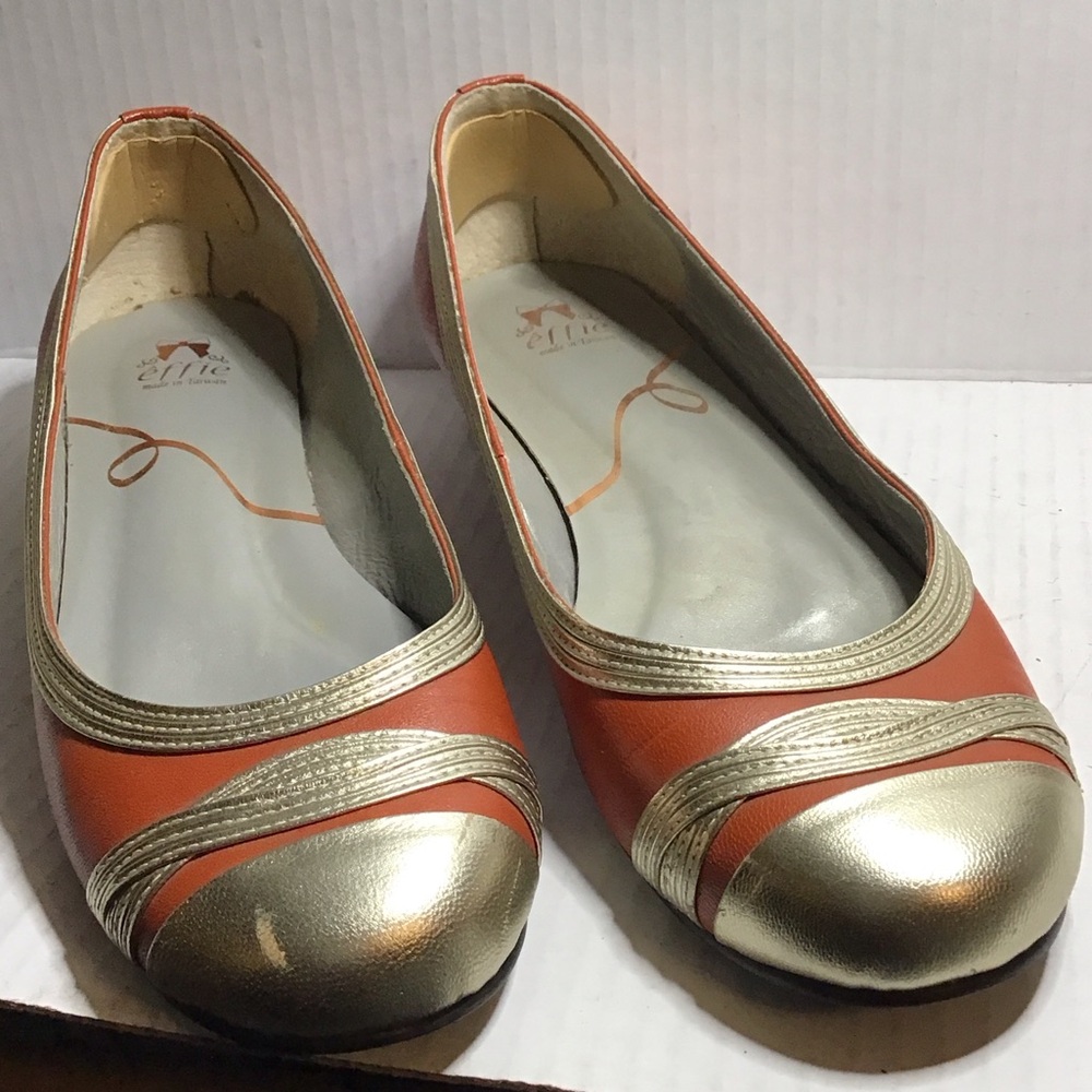 Effie Women's 7 Vibrant Orange and Gold Loafers made in Tawain
